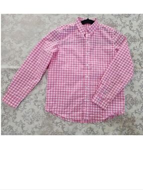 Girls' 10-12 Gingham Button-Down Shirt Long Sleeve Dress Check Plaid Pink White